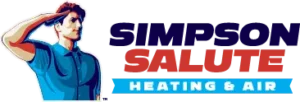 Illustration of a man saluting next to the text "Simpson Salute Heating & Air" with "Simpson Salute" in large bold letters and "Heating & Air" in a blue box.
